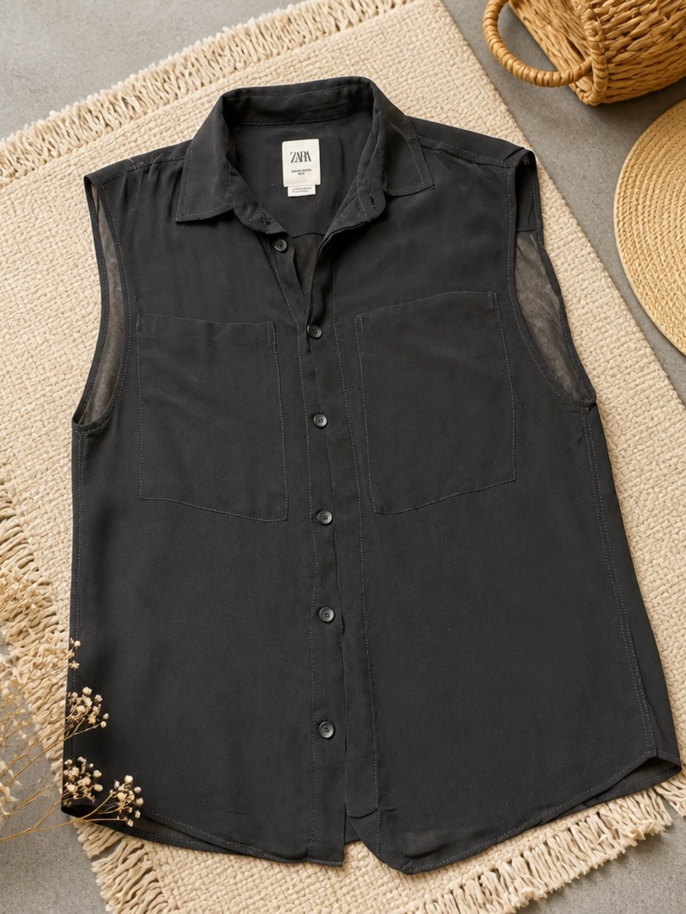 Zara Black Sleeveless Button-Down Shirt
